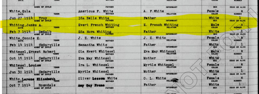 Snip from birth record page for Gilmer County regarding James A Whiting.