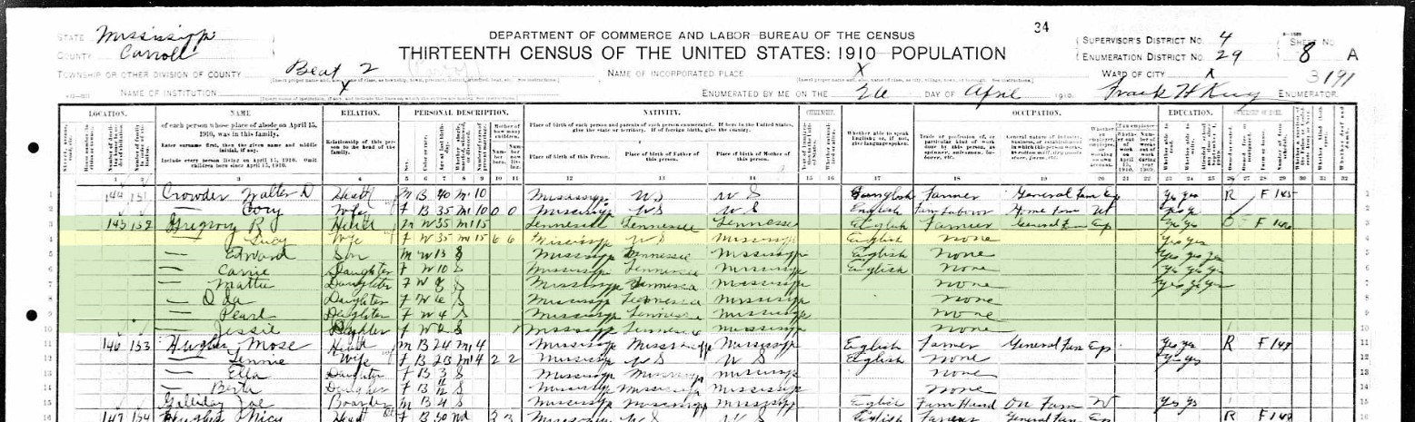 Source Citation: Year: 1910; Census Place: Beat 2, Carroll, Mississippi; Roll: T624_734; Page: 8A; Enumeration District: 0029; FHL microfilm: 1374747